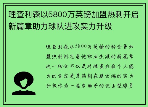 理查利森以5800万英镑加盟热刺开启新篇章助力球队进攻实力升级