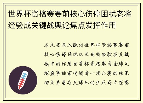 世界杯资格赛赛前核心伤停困扰老将经验成关键战舆论焦点发挥作用