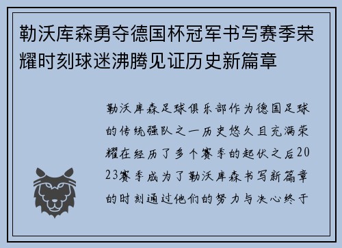 勒沃库森勇夺德国杯冠军书写赛季荣耀时刻球迷沸腾见证历史新篇章